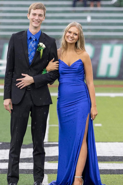 Sweetheart Blue Ruched Fitted Long Prom Dress with Slit