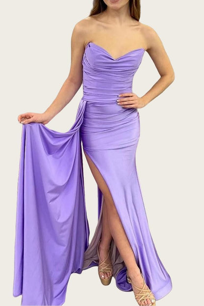 Sweetheart Blue Ruched Fitted Long Prom Dress with Slit