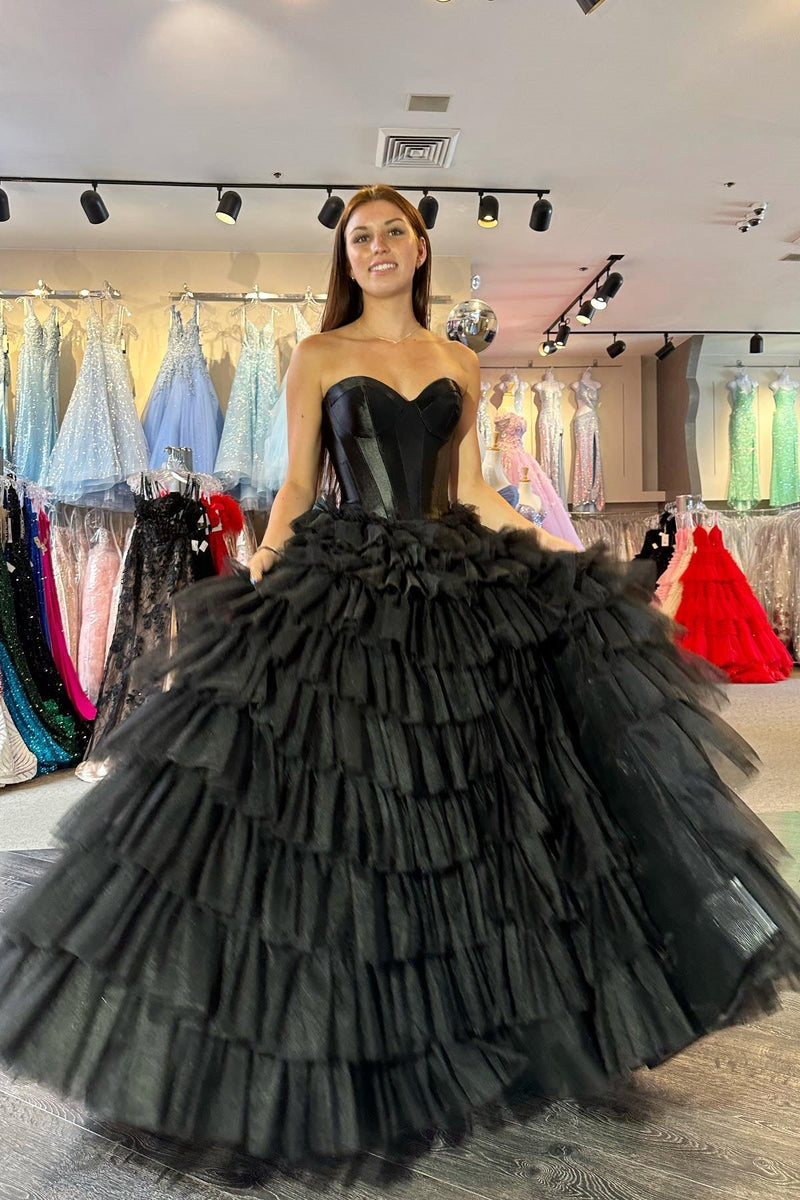 Sweetheart Corset Black Tiered Ruffles Long Formal Gown
