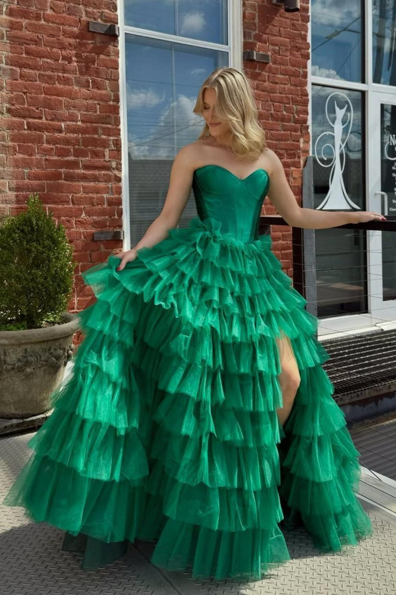 Sweetheart Corset Black Tiered Ruffles Long Formal Gown
