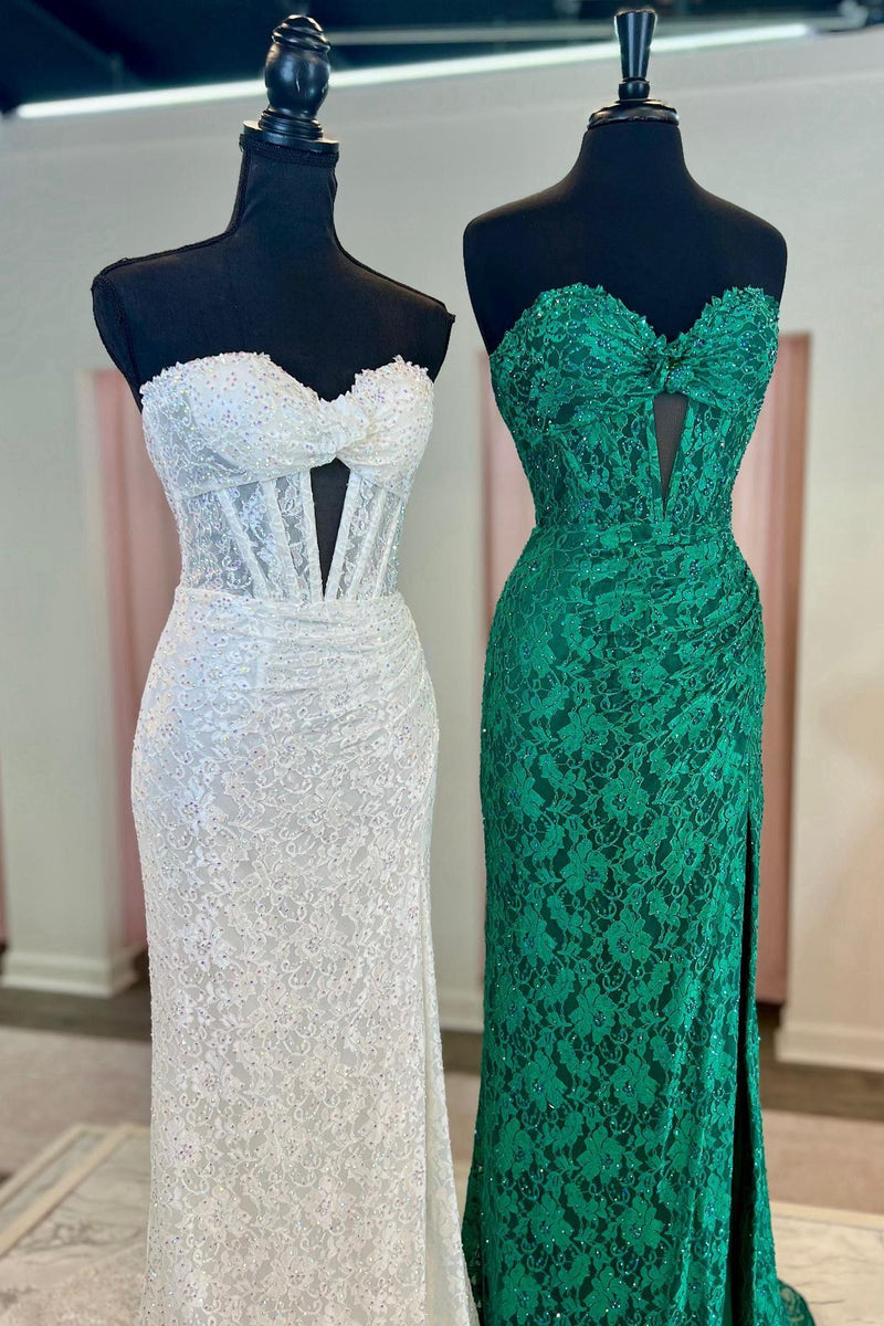 Sweetheart Corset Green Lace Fitted Ruched Long Prom Dress