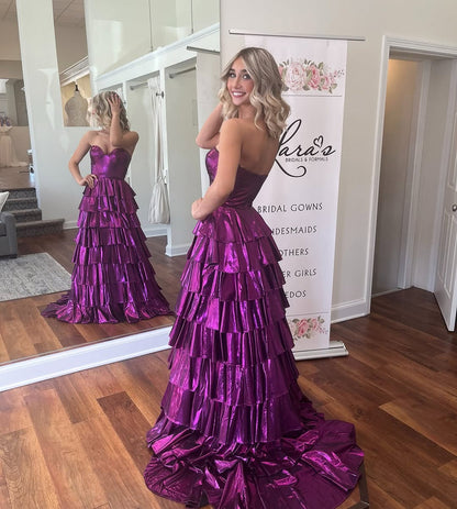 Sweetheart Gold A-line Tiered Ruffle Long Formal Dress