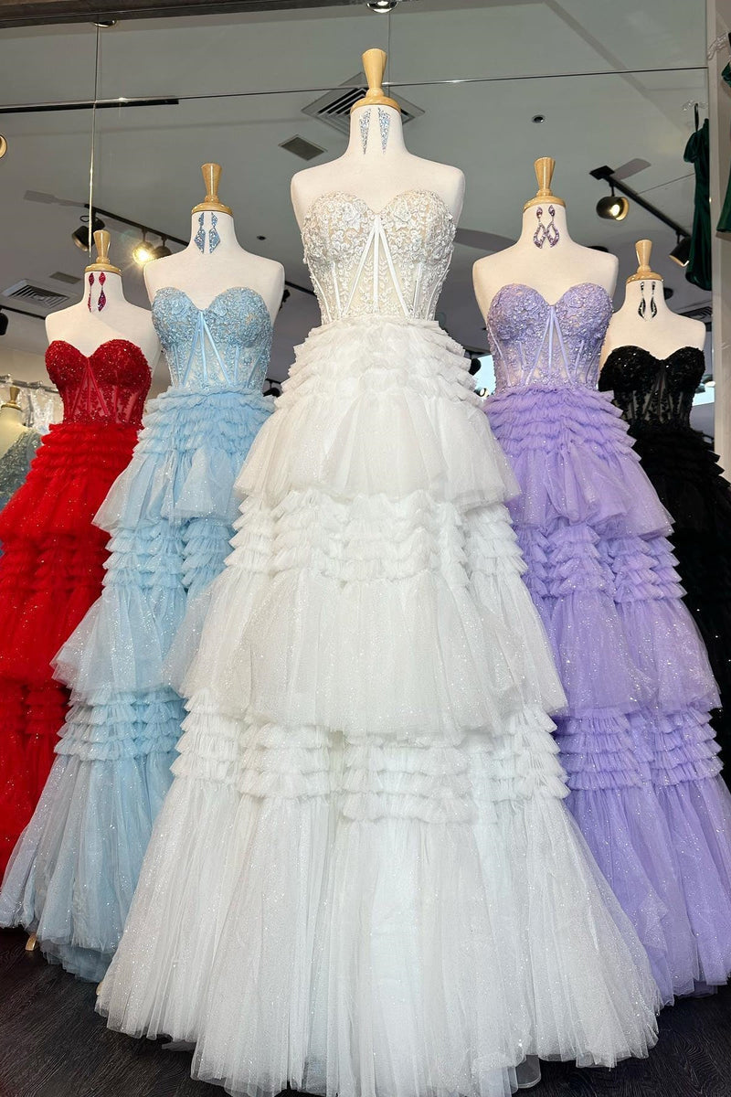 Sweetheart Lace and Tiered Ruffle Long Prom Dress