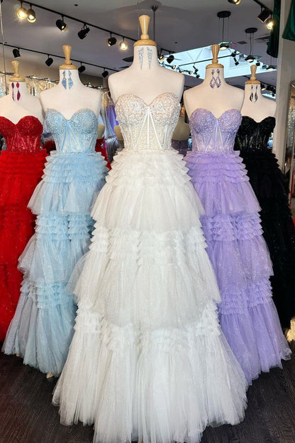 Sweetheart Lace and Tiered Ruffle Long Prom Dress