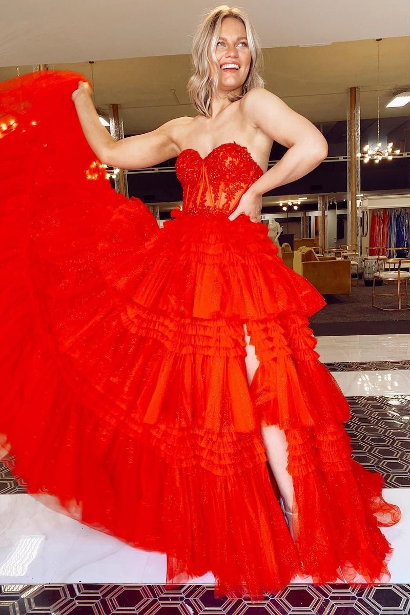 Sweetheart Lace and Tiered Ruffle Long Prom Dress