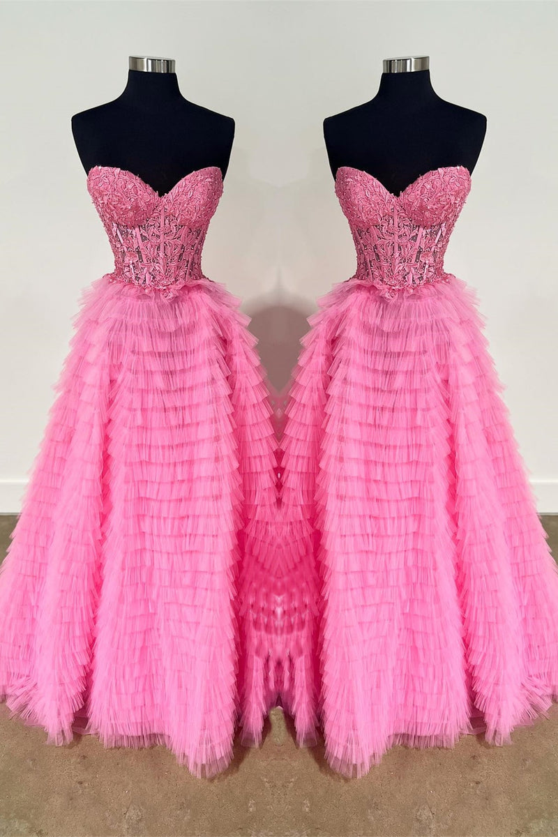 Sweetheart Lace and Tulle Tiered Ruffles Prom Dress