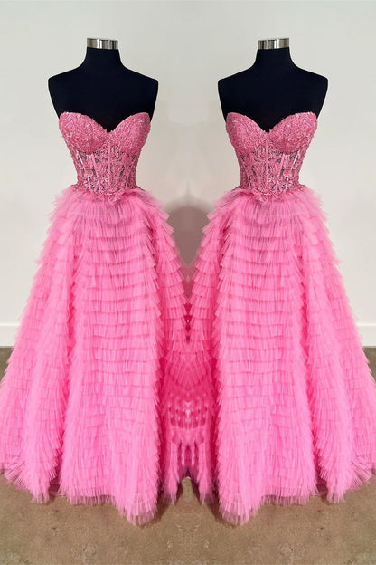Sweetheart Lace and Tulle Tiered Ruffles Prom Dress