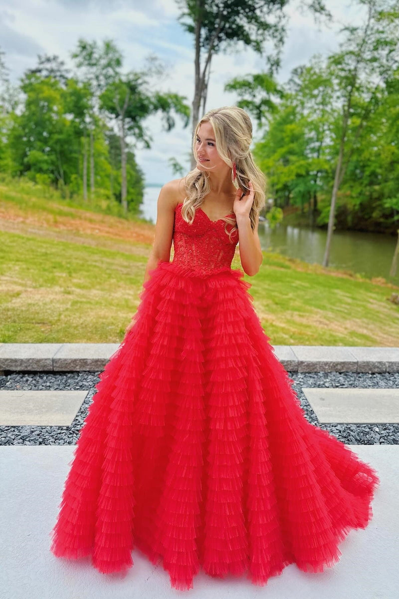 Sweetheart Lace and Tulle Tiered Ruffles Prom Dress