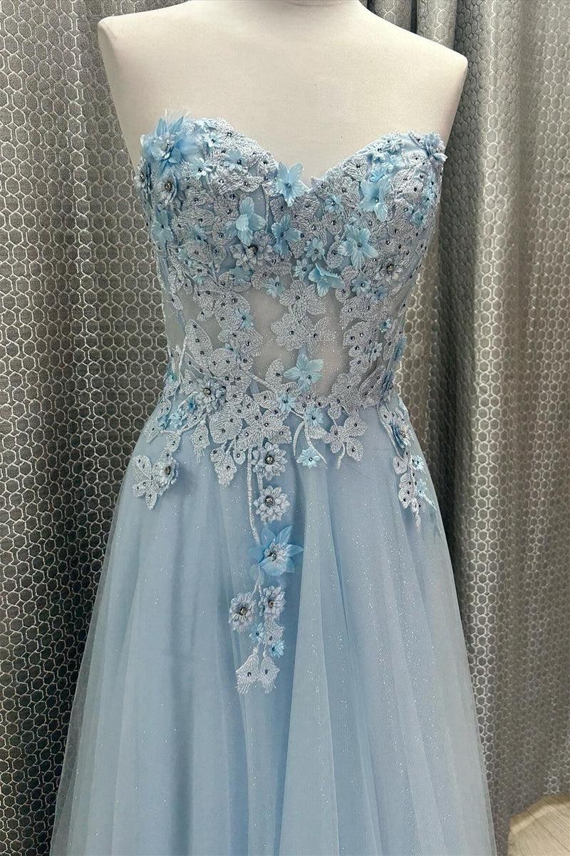 Sweetheart Light Blue Appliques Long Prom Dress