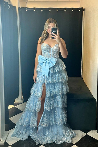 Sweetheart Light Blue Sequin Appliques Ruffle Long Formal Gown