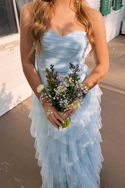Sweetheart Light Blue Tulle Ruffle Long Prom Dress