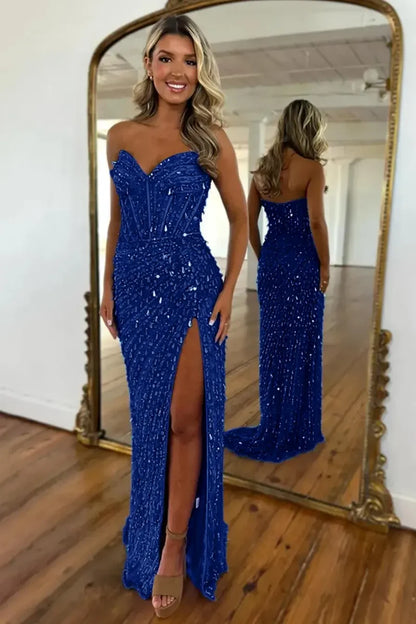 Sweetheart Mermaid Sequins Prom Dress with High Slit Skirt