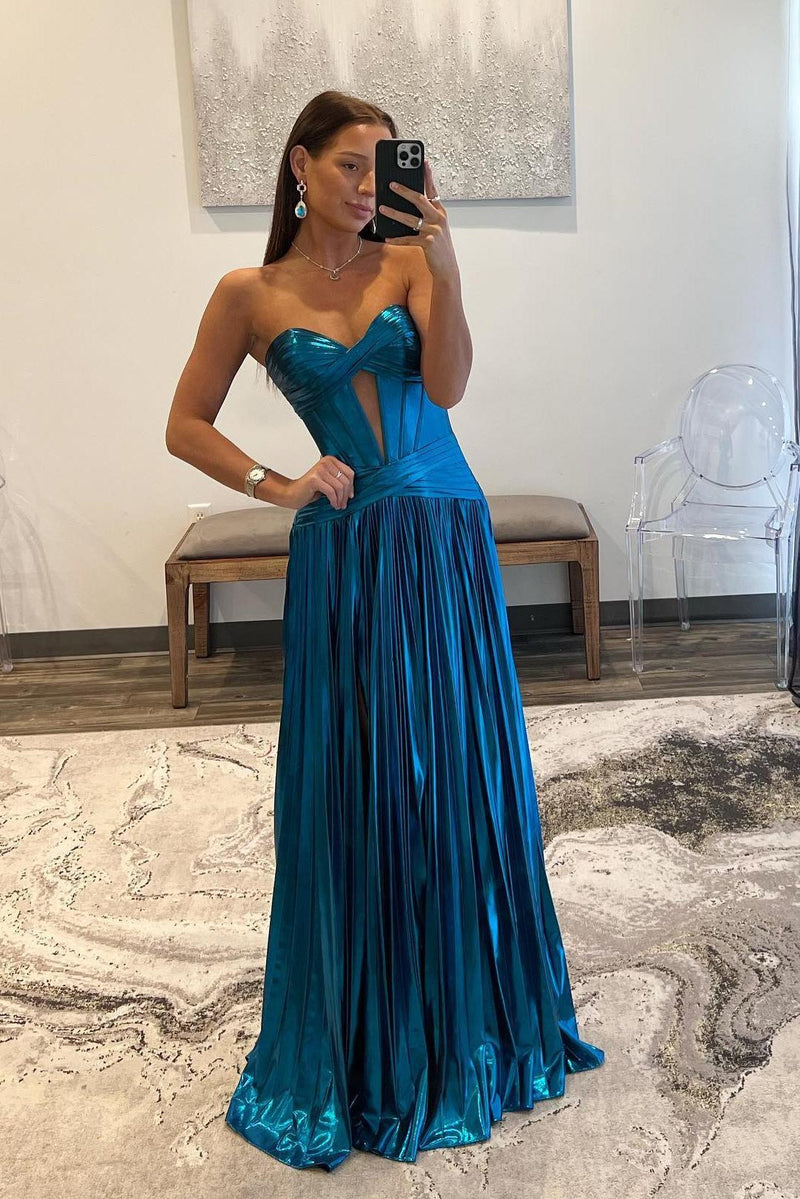 Sweetheart Metallic Yellow Pleated Long Formal Dress