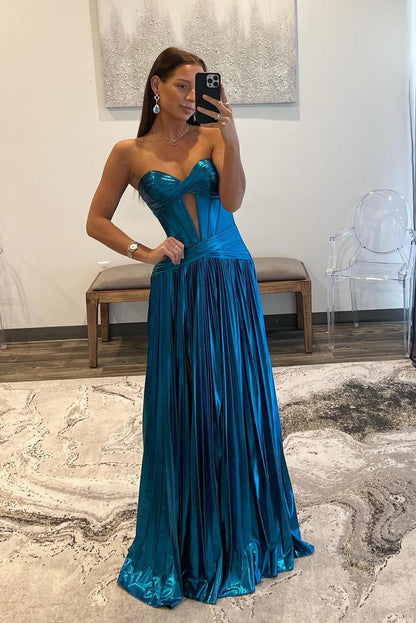 Sweetheart Metallic Yellow Pleated Long Formal Dress