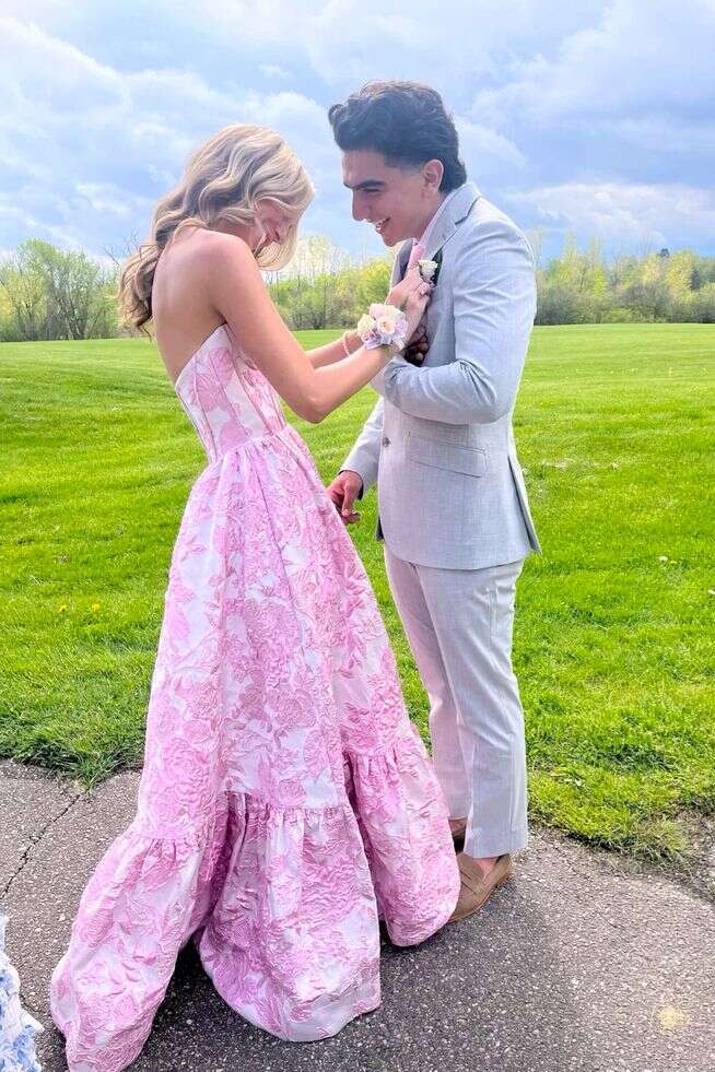 Sweetheart Pink Floral A-line Prom Gown
