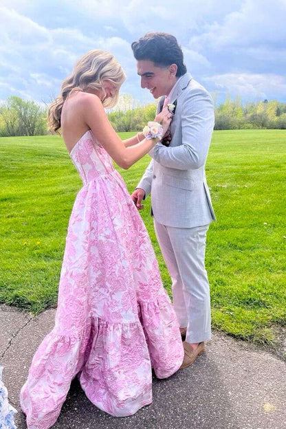Sweetheart Pink Floral A-line Prom Gown
