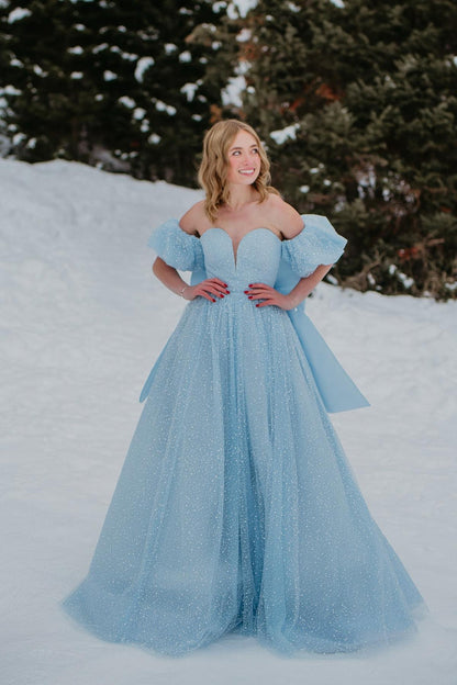 Sweetheart Sky Blue A-line Long Formal Gown with Bow