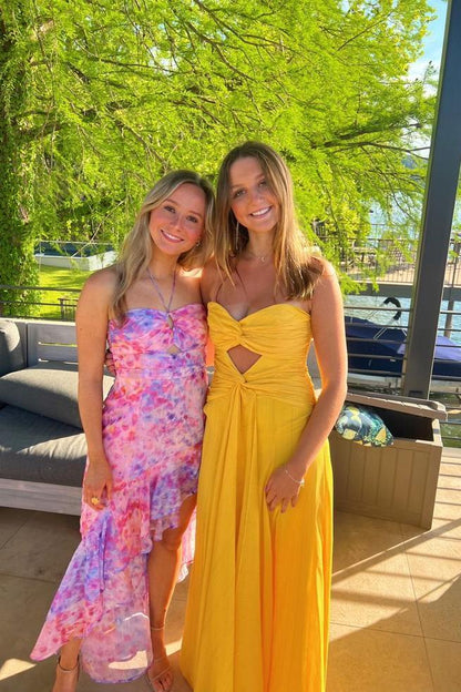 Sweetheart Yellow Chiffon Keyhole Long Formal Dress
