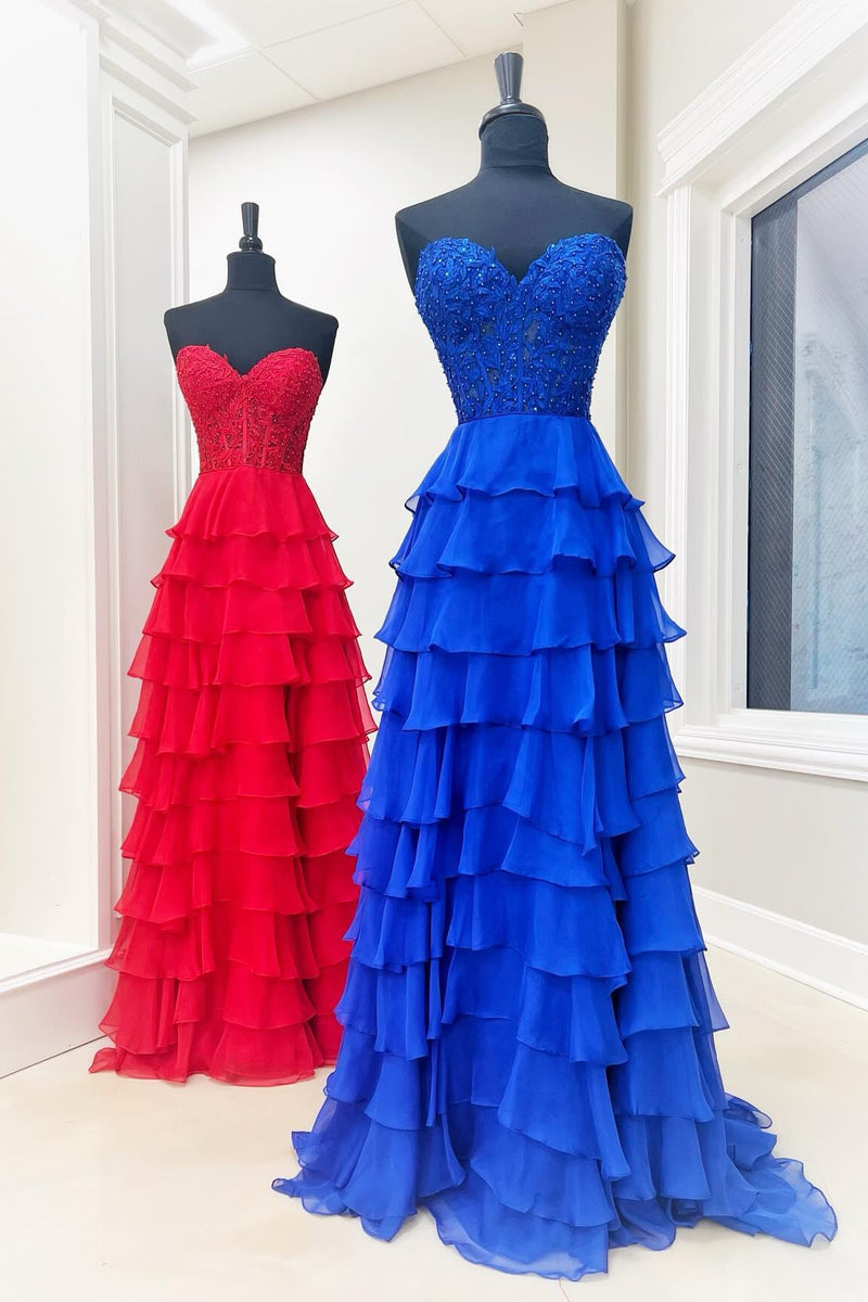 Sweetheart Yellow Lace Tiered Ruffle Prom Dress