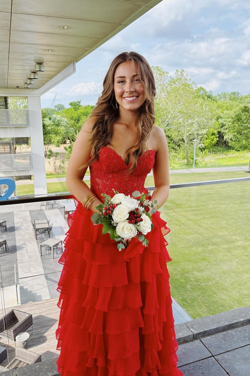 Sweetheart Yellow Lace Tiered Ruffle Prom Dress
