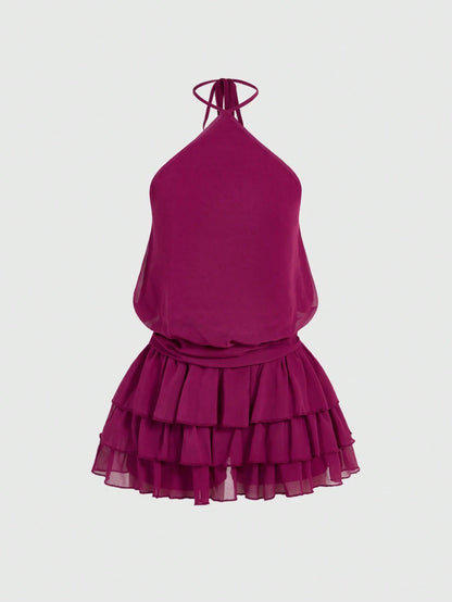 Sweetness Sexy Halter Backless Multi-Tier Hem Mini Dress