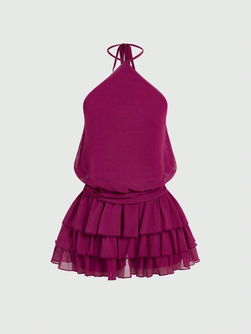 Sweetness Sexy Halter Backless Multi-Tier Hem Mini Dress
