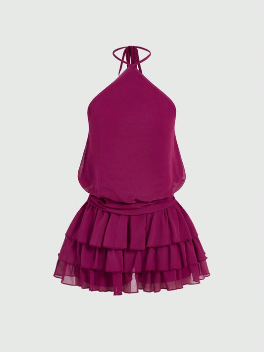 Sweetness Sexy Halter Backless Multi-Tier Hem Mini Dress