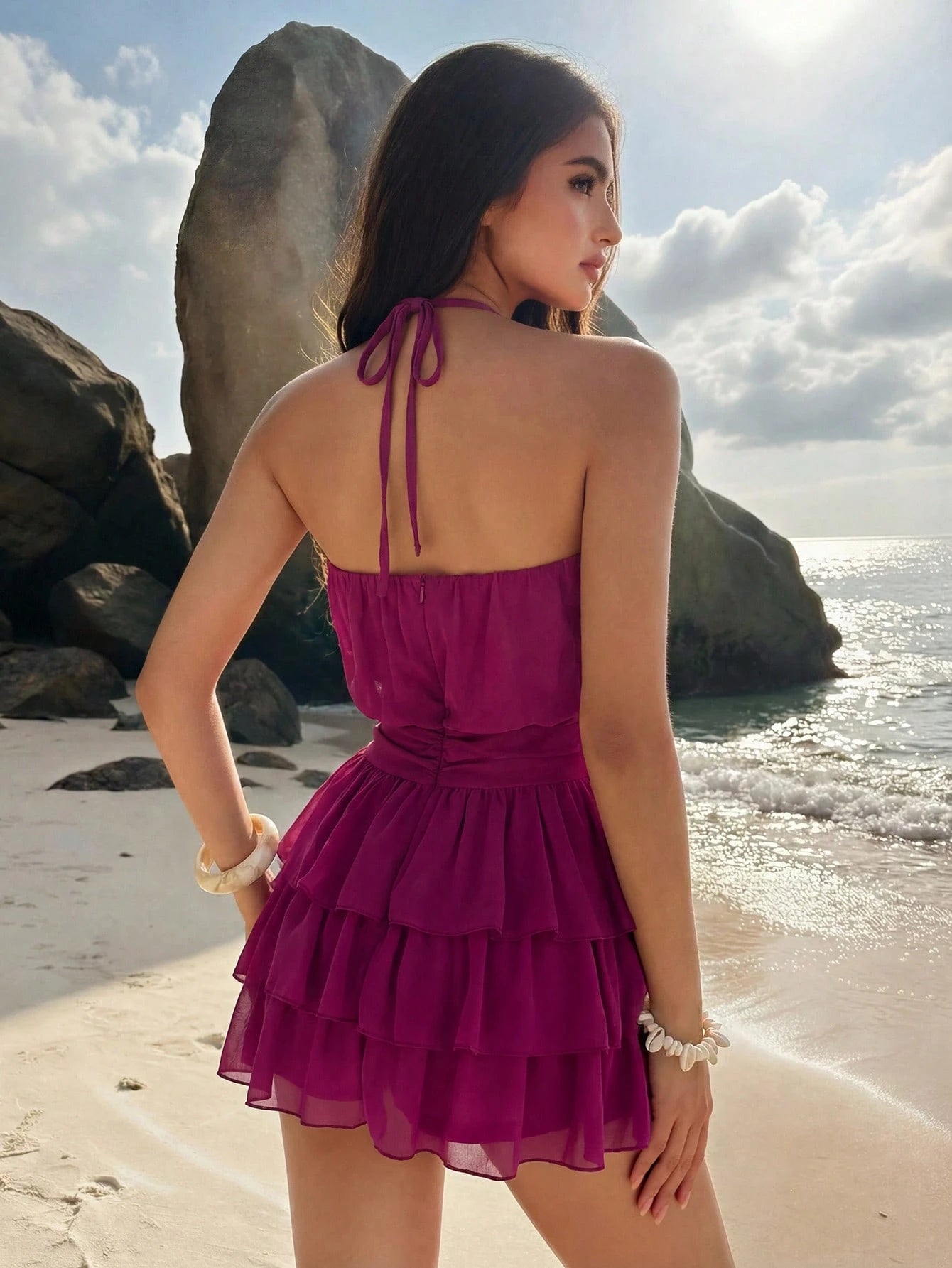 Sweetness Sexy Halter Backless Multi-Tier Hem Mini Dress