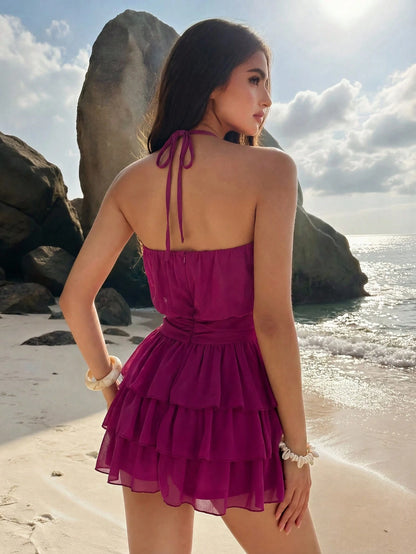 Sweetness Sexy Halter Backless Multi-Tier Hem Mini Dress