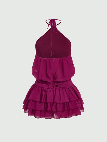 Sweetness Sexy Halter Backless Multi-Tier Hem Mini Dress