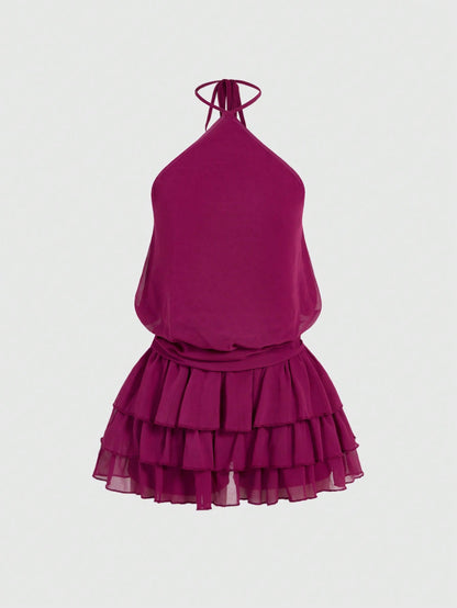 Sweetness Sexy Halter Backless Multi-Tier Hem Mini Dress