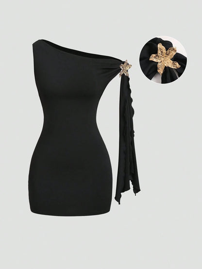 Sweetra Asymmetrical Neck Flutter Sleeve Sexy Black Bodycon Dress, Waist Cinched And Bodycon, Elegant French Style