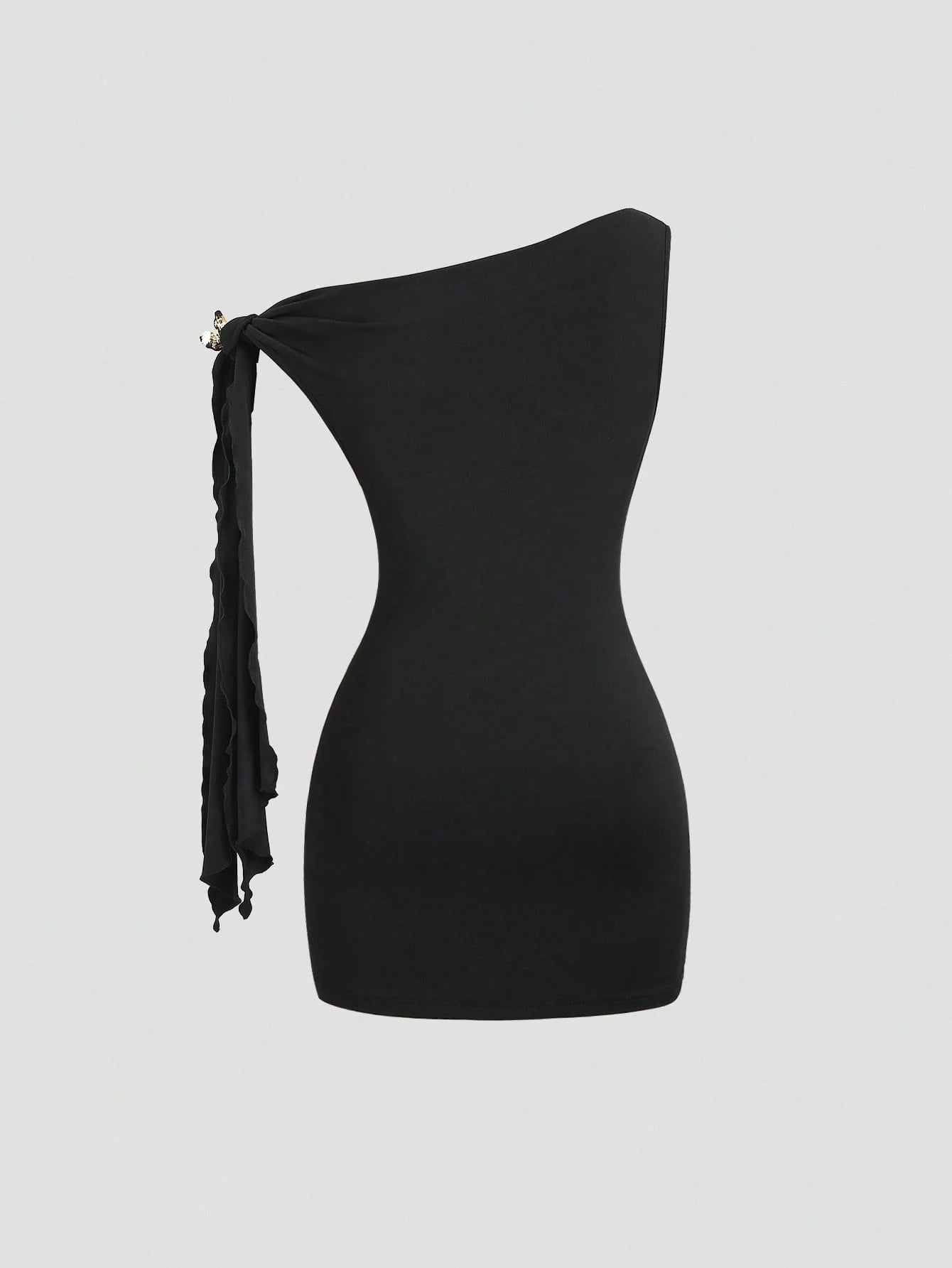 Sweetra Asymmetrical Neck Flutter Sleeve Sexy Black Bodycon Dress, Waist Cinched And Bodycon, Elegant French Style
