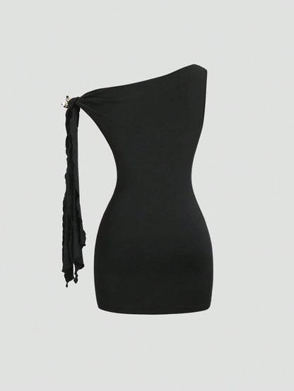 Sweetra Asymmetrical Neck Flutter Sleeve Sexy Black Bodycon Dress, Waist Cinched And Bodycon, Elegant French Style