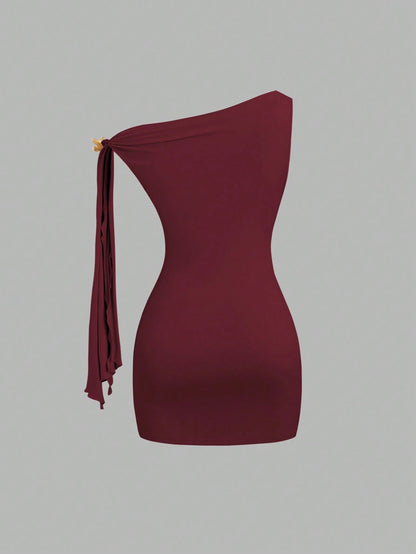 Sweetra Asymmetrical Neck Flutter Sleeve Sexy Black Bodycon Dress, Waist Cinched And Bodycon, Elegant French Style