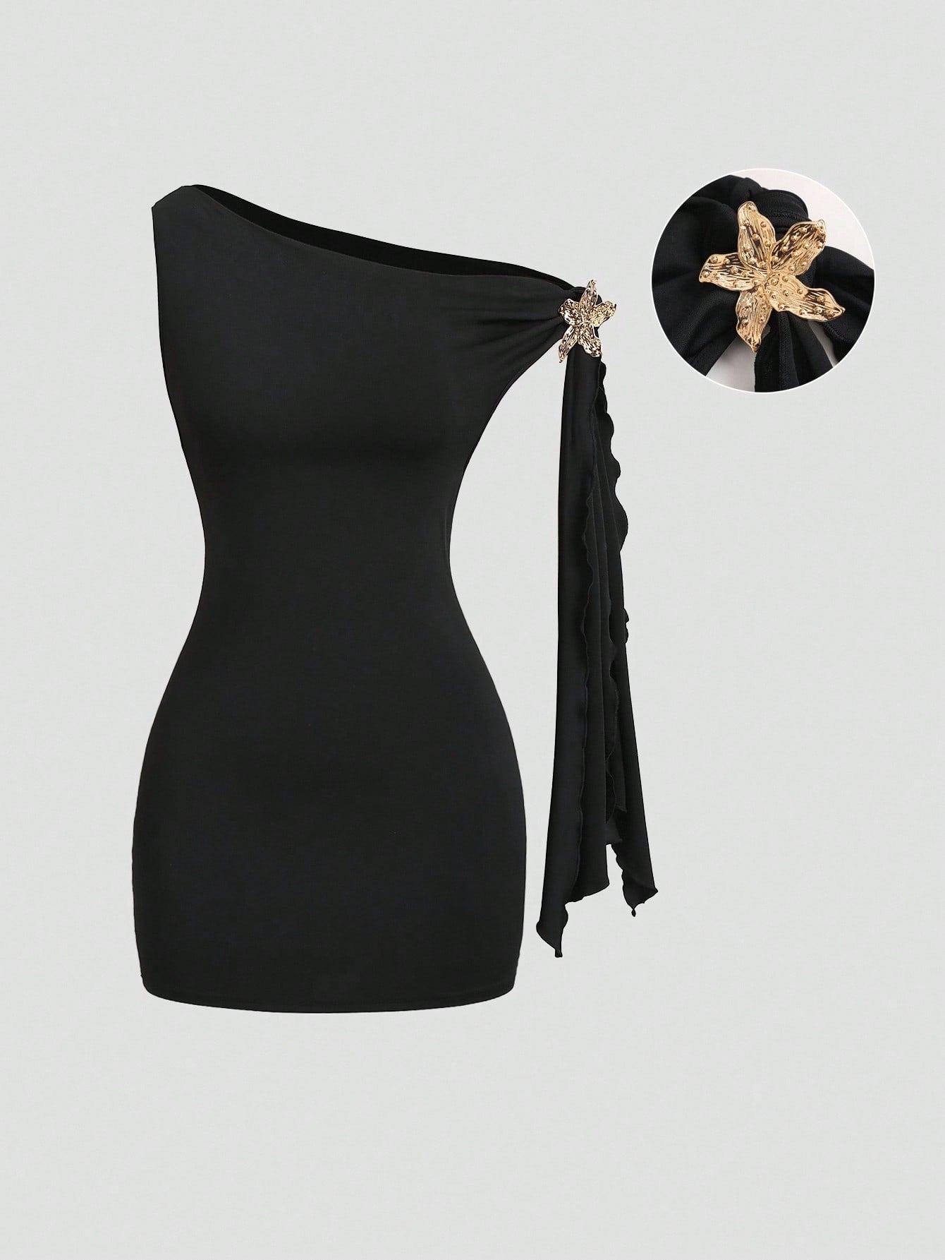 Sweetra Asymmetrical Neck Flutter Sleeve Sexy Black Bodycon Dress, Waist Cinched And Bodycon, Elegant French Style