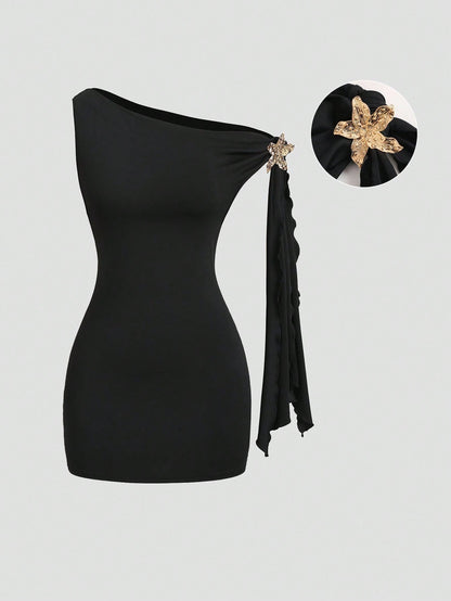 Sweetra Asymmetrical Neck Flutter Sleeve Sexy Black Bodycon Dress, Waist Cinched And Bodycon, Elegant French Style