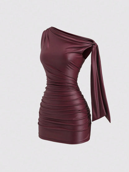 Sweetra Burgundy Autumn 70s Night Out Party Wine Red Coated Elastic Asymmetric Neck Ruched Waist Slim Fit Mini Dress,Side Ruffle Detail,Cocktail Commute Daily