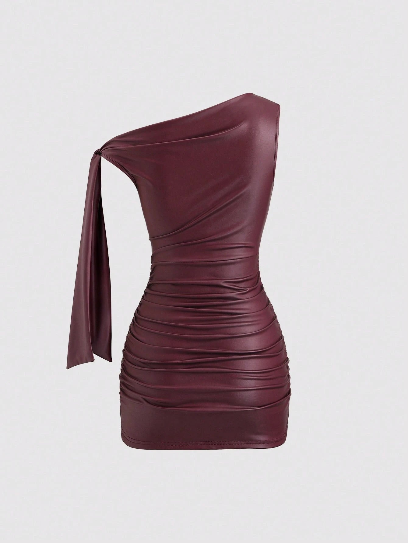 Sweetra Burgundy Autumn 70s Night Out Party Wine Red Coated Elastic Asymmetric Neck Ruched Waist Slim Fit Mini Dress,Side Ruffle Detail,Cocktail Commute Daily