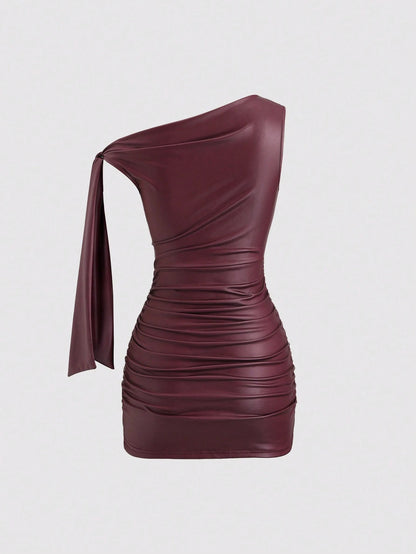 Sweetra Burgundy Autumn 70s Night Out Party Wine Red Coated Elastic Asymmetric Neck Ruched Waist Slim Fit Mini Dress,Side Ruffle Detail,Cocktail Commute Daily