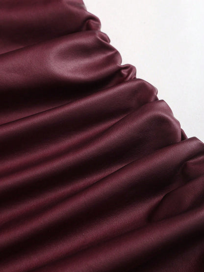 Sweetra Burgundy Autumn 70s Night Out Party Wine Red Coated Elastic Asymmetric Neck Ruched Waist Slim Fit Mini Dress,Side Ruffle Detail,Cocktail Commute Daily