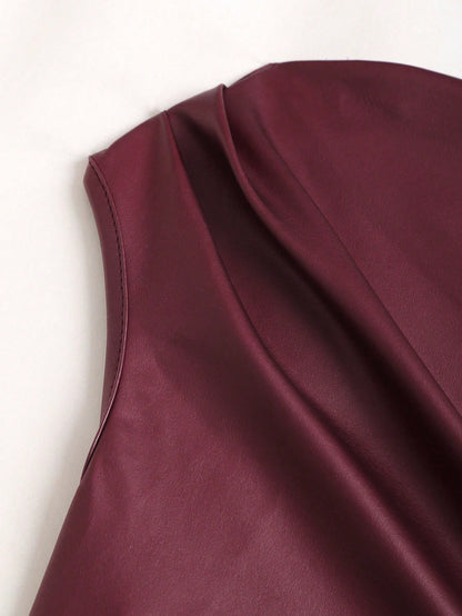 Sweetra Burgundy Autumn 70s Night Out Party Wine Red Coated Elastic Asymmetric Neck Ruched Waist Slim Fit Mini Dress,Side Ruffle Detail,Cocktail Commute Daily