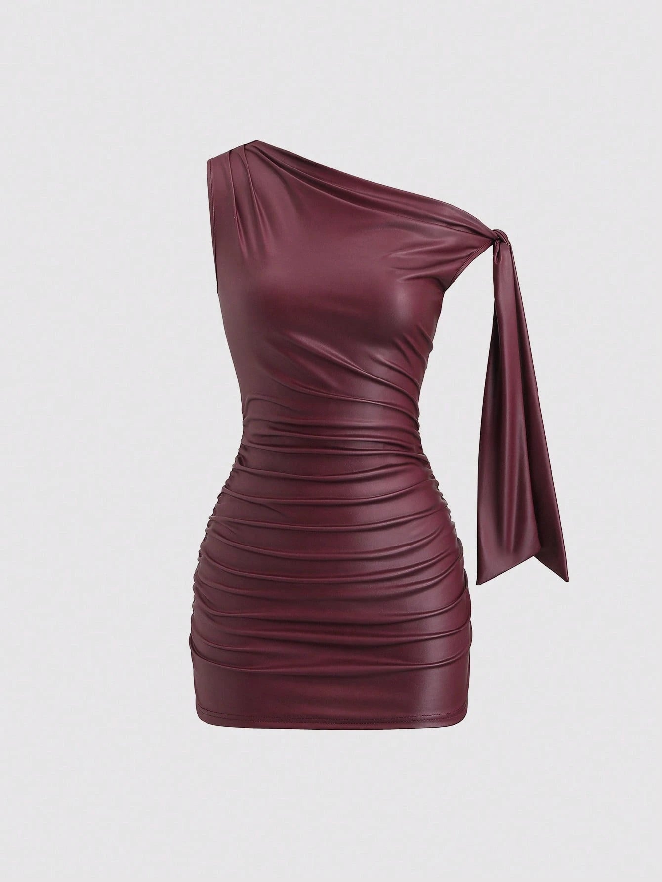 Sweetra Burgundy Autumn 70s Night Out Party Wine Red Coated Elastic Asymmetric Neck Ruched Waist Slim Fit Mini Dress,Side Ruffle Detail,Cocktail Commute Daily