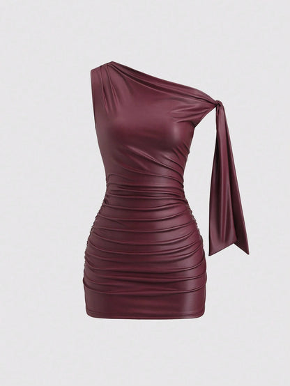 Sweetra Burgundy Autumn 70s Night Out Party Wine Red Coated Elastic Asymmetric Neck Ruched Waist Slim Fit Mini Dress,Side Ruffle Detail,Cocktail Commute Daily