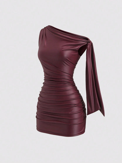 Sweetra Burgundy Autumn 70s Night Out Party Wine Red Coated Elastic Asymmetric Neck Ruched Waist Slim Fit Mini Dress,Side Ruffle Detail,Cocktail Commute Daily
