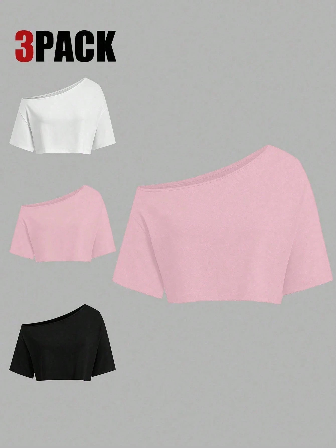 Sweetra CURVE Plus Size Summer Asymmetrical Shoulder Black White Grey 3 PiecesShort T-Shirt Set