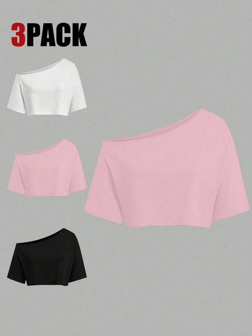 Sweetra CURVE Plus Size Summer Asymmetrical Shoulder Black White Grey 3 PiecesShort T-Shirt Set