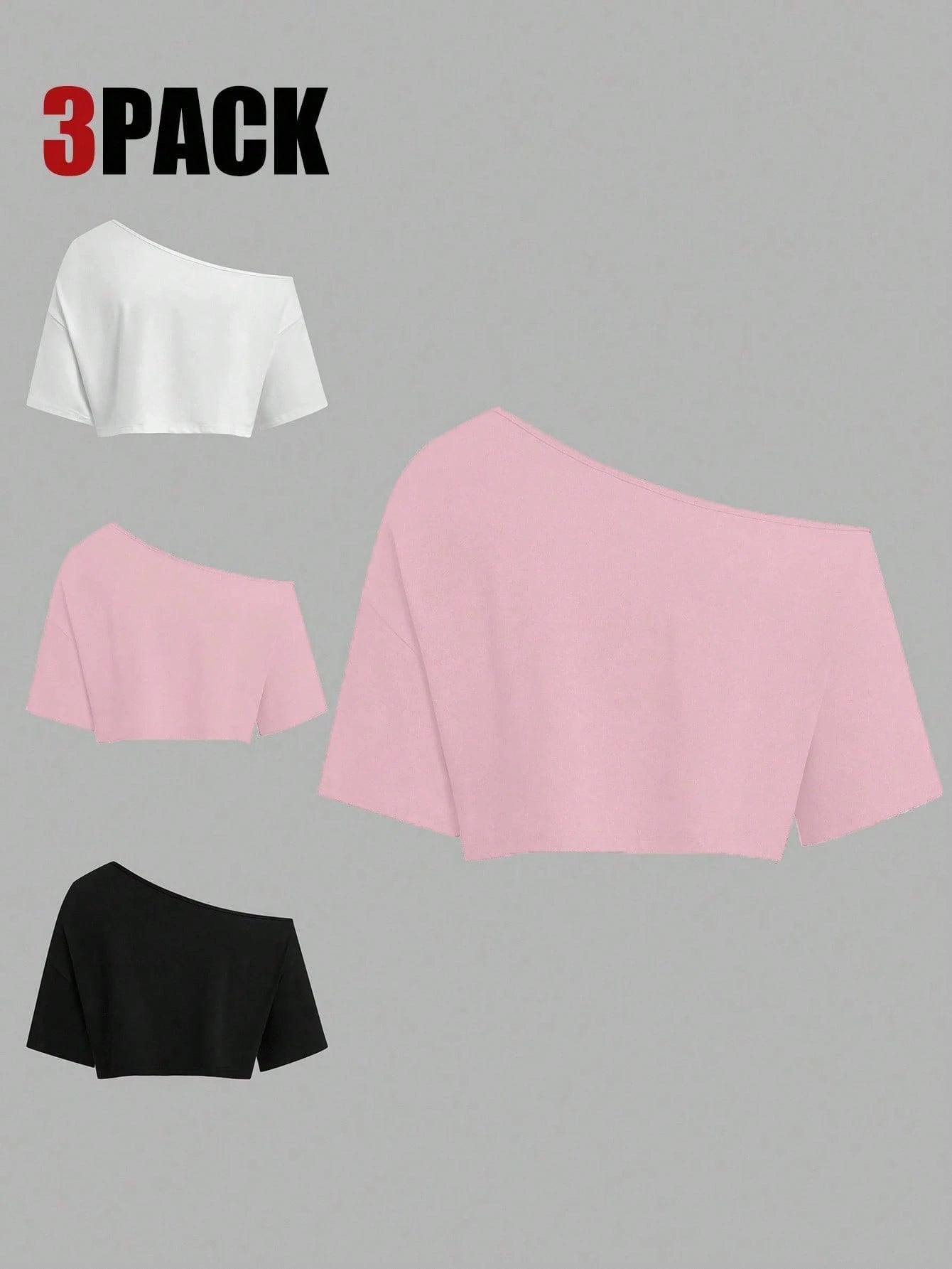 Sweetra CURVE Plus Size Summer Asymmetrical Shoulder Black White Grey 3 PiecesShort T-Shirt Set