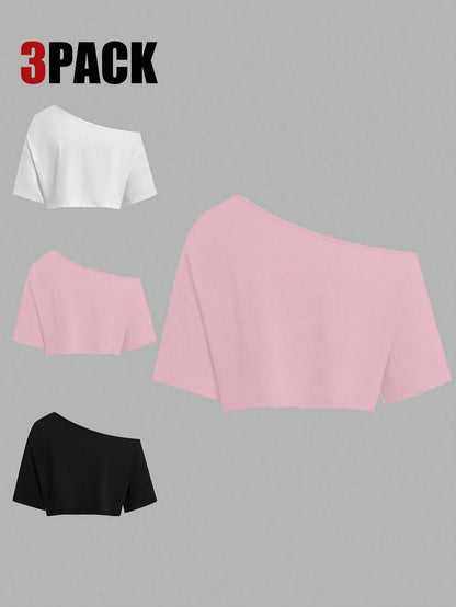 Sweetra CURVE Plus Size Summer Asymmetrical Shoulder Black White Grey 3 PiecesShort T-Shirt Set
