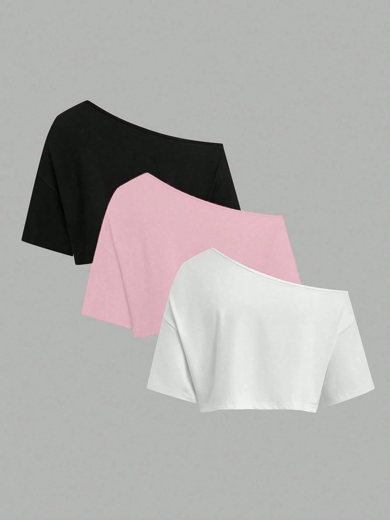 Sweetra CURVE Plus Size Summer Asymmetrical Shoulder Black White Grey 3 PiecesShort T-Shirt Set